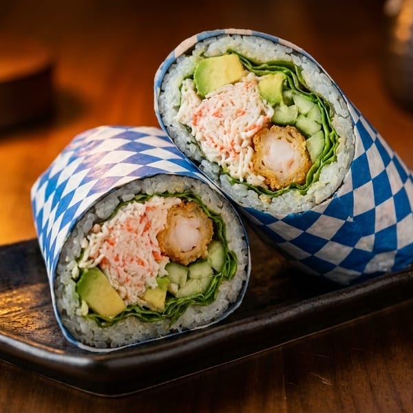 Two sushi burritos with crab, avocado, fried shrimp, and lettuce, wrapped in checkered paper on a dark plate.