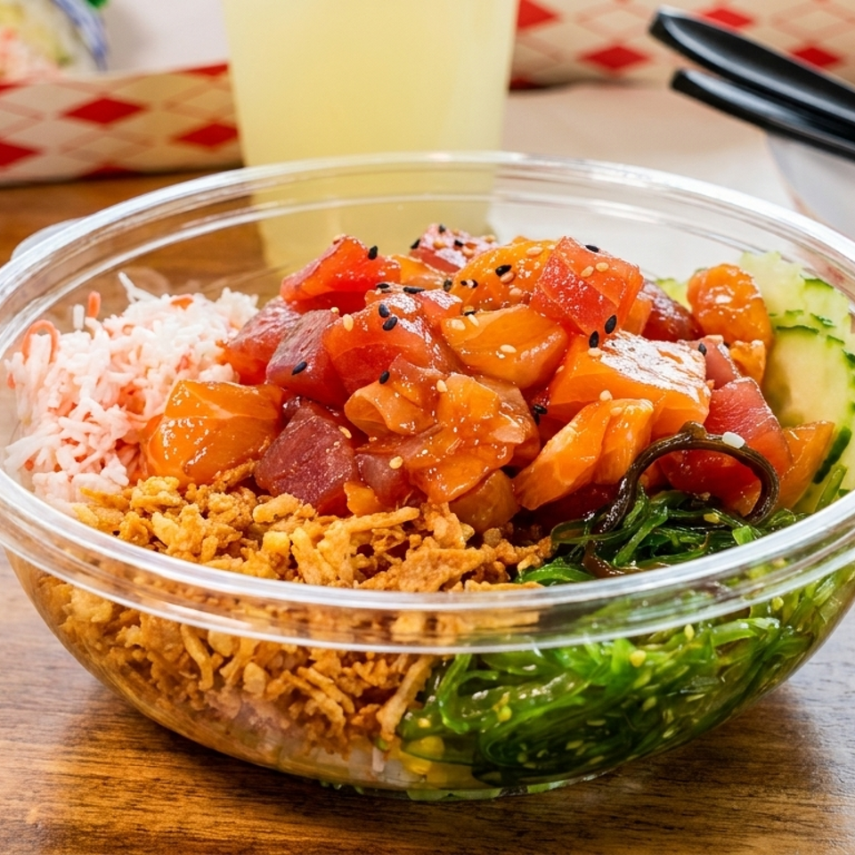 Vibrant poke bowl featuring diced fish, crab salad, seaweed, and crispy onions in a clear plastic bowl.