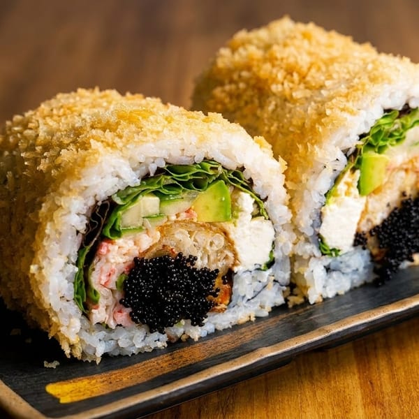 Two panko-crusted sushi rolls with avocado, crab, lettuce, and black caviar on a dark plate.